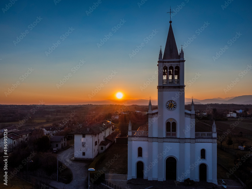 Sunset on the ancient bell tower. Friuli to discover. Conoglano di Cassacco
