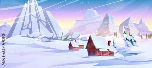 Valokuva Winter mountain landscape with houses or chalet under snowslide