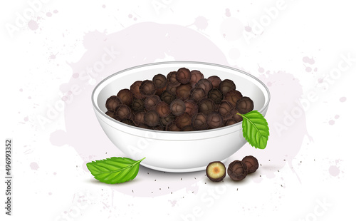 A bowl full of dried black pepper seeds vector illustration with mint leaves isolated on white background