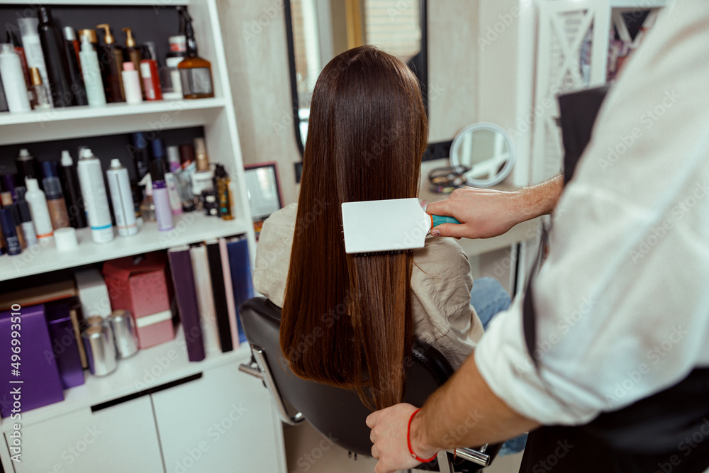 Hairstylist brushing long and sleek brown hair of female client at beauty salon. Hair care Hairstylist brushing long and sleek brown hair of female client at beauty salon. Hair care