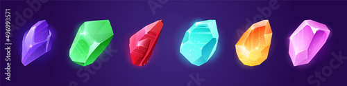 Precious gemstones, color crystal stones. Vector cartoon set of shiny gems, ruby, diamond, amethyst and emerald. Game icons of magic jewel crystals isolated on background