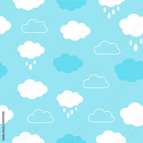 Seamless pattern background with white fluffy cartoon clouds on light blue sky. Vector illustration for kids fabric or backdrop.