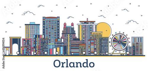 Outline Orlando Florida City Skyline with Colored Modern and Historic Buildings Isolated on White.