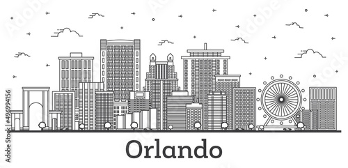 Outline Orlando Florida City Skyline with Modern and Historic Buildings Isolated on White.