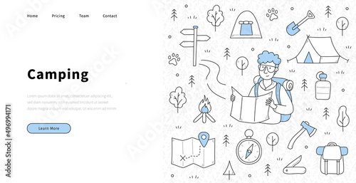 Camping banner with sketch man hiker with map and backpack. Vector landing page of travel, hiking and tourism with hand drawn icons of camp, tent, fire, trees, compass, signpost, and axe