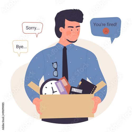 Unemployed dismissed office worker holding box with things. Sad employee with phrases from boss in text bubbles above head flat vector illustration. Layoff, unemployment, human resources concept