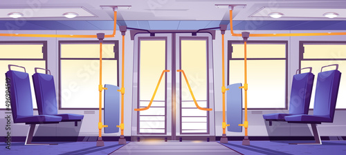 Empty bus interior with seats and handrails. Vector cartoon illustration of public transport cabin inside, passenger vehicle with blue chairs, doors and windows