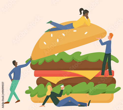 Young people with giant hamburger. Fast food consuming, tasty junky cheeseburger vector flat illustration