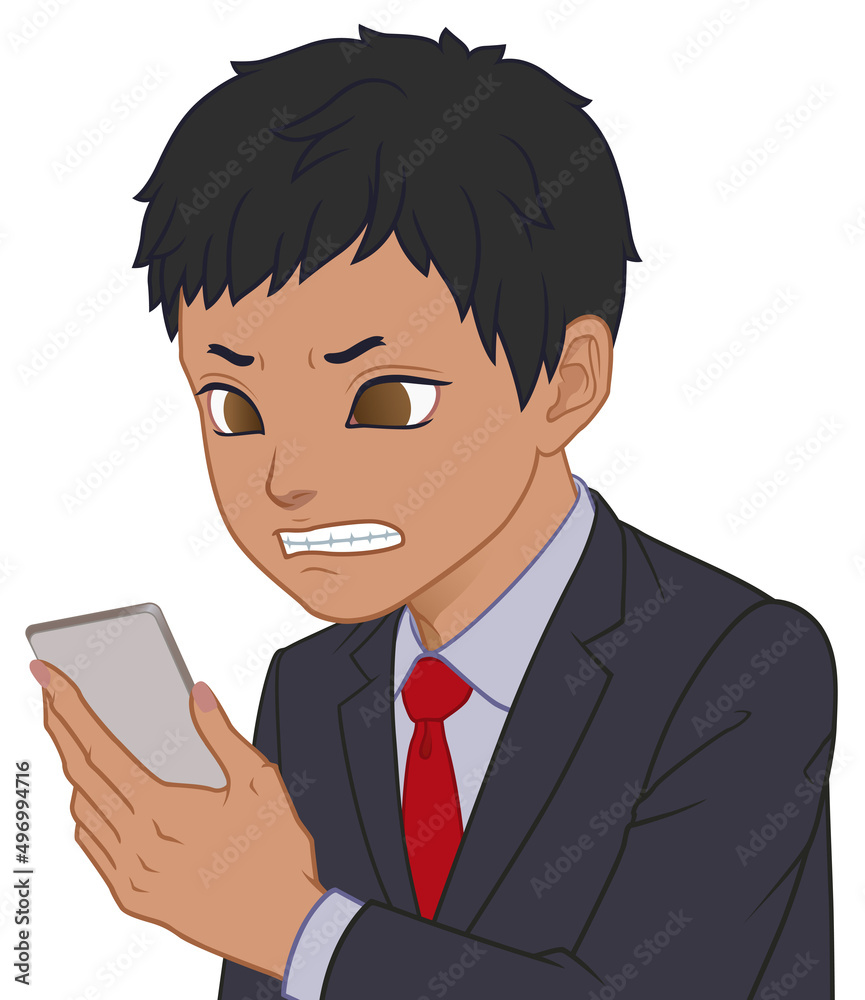 スマホを見て怒るちびキャラ　男性　タイプD