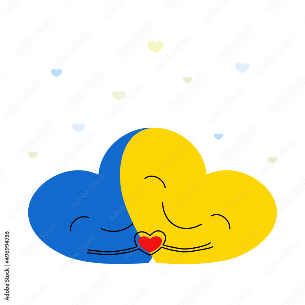 Vector - Two hearts blue and yellow hugging with love isolated on white background. Take care.