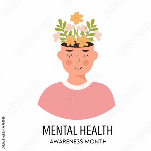 Cute character with flowers growing inside head. Psychotherapy concept. Mental Health Awareness Month square banner. Medical healthcare card. Vector illustration in flat style.