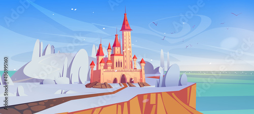 Magic castle at winter day on sea cliff with road. Fairytale palace at beautiful nature landscape with falling snow and seascape. Fantasy fortress, medieval architecture Cartoon vector illustration