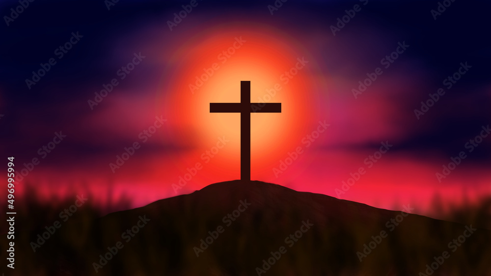 Digital Painting Christian Background. Crucifixion Of Jesus Christ illustration. You can use this asset for your content like as Worship, Card, Banner, Live Streaming, Presentation, Webinar anymore.