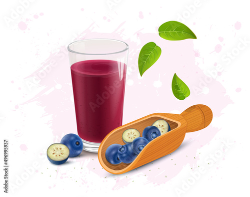 Blueberries vector illustration with a glass of blueberries smoothie and green leaves