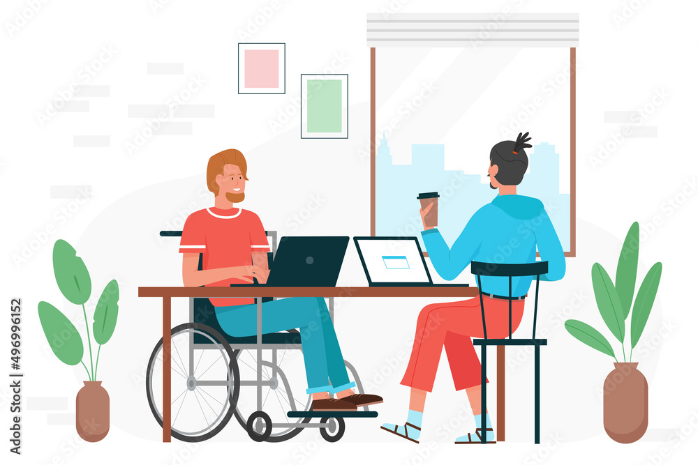Person with physical disability working in office. Team engagement and effective teamwork ability flat vector illustration Person with physical disability working in office. Team engagement and effective teamwork ability flat vector illustration