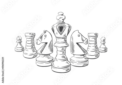 Chess pieces in sketch style. Chess club web background. Hand-drawn vector illustration. 