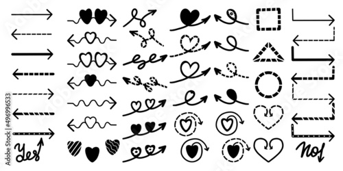Set of isolated doodle arrows and hearts for various types of decoration, creating presentations, stickers, clipart.