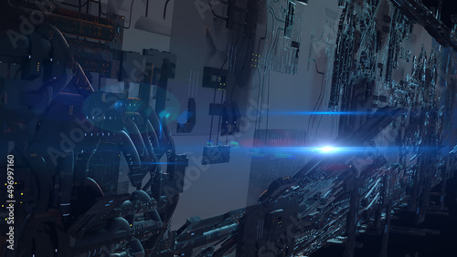 3d illustration - Model of alien sci-fi city with optical flares