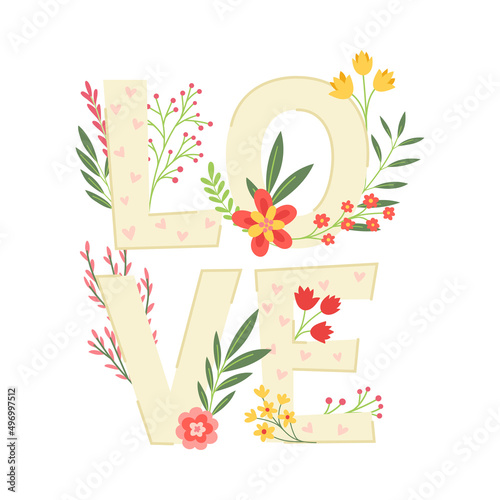 Valentines Day with Love Word and Blooming Flowers Vector Illustration