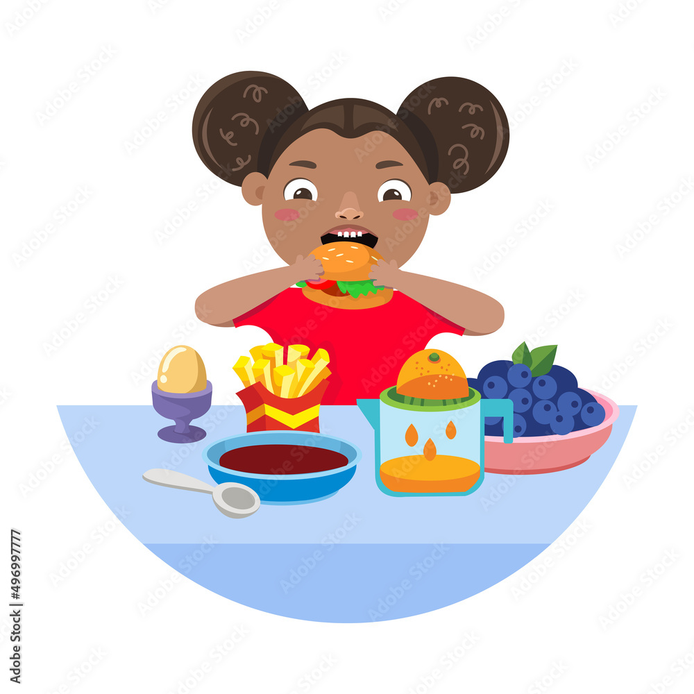 Little girl eating. Cute cartoon character. Vector illustration for posters, children book design. Little girl eating. Cute cartoon character. Vector illustration for posters, children book design.