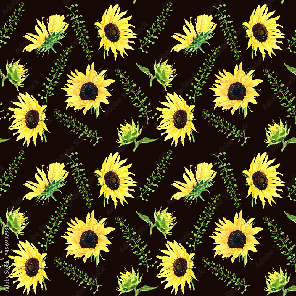 Watercolor sunflowers seamless pattern. Isolated illustrations on black background. Hand drawn painting Watercolor sunflowers seamless pattern. Isolated illustrations on black background. Hand drawn painting