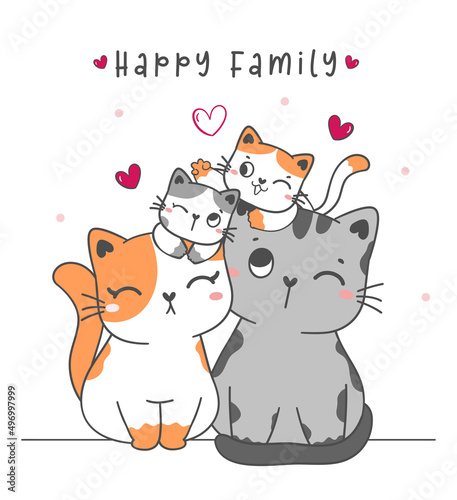 cute family kitty cat, mom, dad, son and daughter cartoon drawing vector illustration