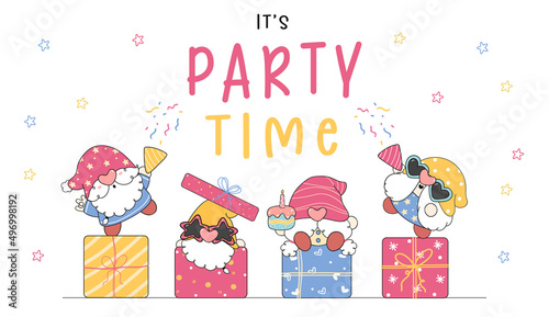 cute birthday Gnomes greeting card, group of baby gnomes fancy party cartoon drawing vector, Happy birthday celebration invitaion card idea