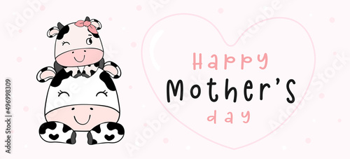 cute mother's day farm animal cartoon vector, mother cow hug baby daughter cow doodle outline banner