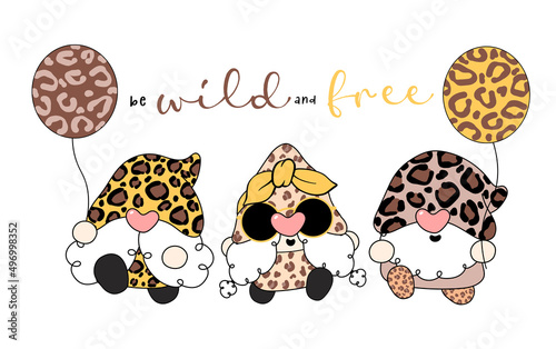 three of cute leopard gnome with heart balloon cartoon drawing vector, be wild and free