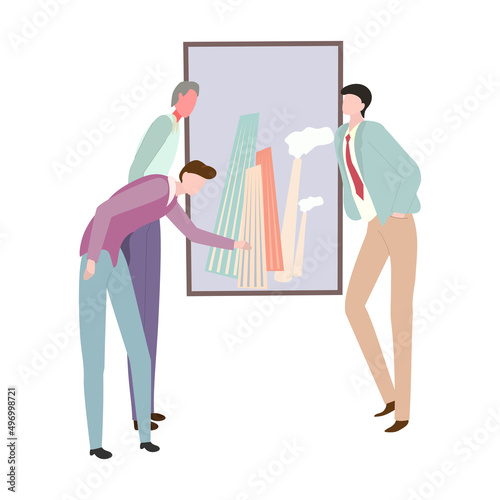 vector flat illustration. a group of people visit the gallery of modern art. art gallery museum. people at an exhibition of paintings