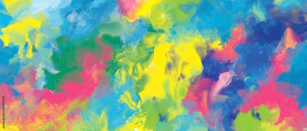 油絵抽象アート・カラフル横長背景）エネルギッシュでラフな筆跡　マルチカラー　鮮やか　黄色　緑　青　ピンク