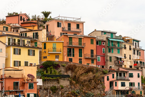 scenic view of colorful village Manarola and ocean coast in Cinque Terre, Italy