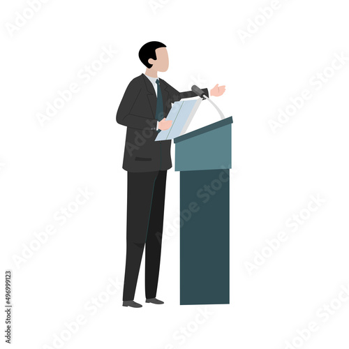 Orator. Silhouette protruding speaker with wide beautiful hand gestures stands behind a podium with microphones. Presentation and performance before an audience. Vector. Icon.