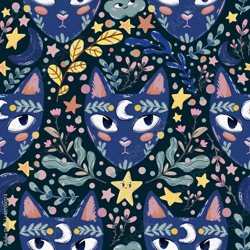 Hand Drawing Magical Cat cartoon seamless pattern. Set of leaves, moon, stars and cloud Witchcrafts. Use for postcard, poster, print, design, shop, textile, fabric.