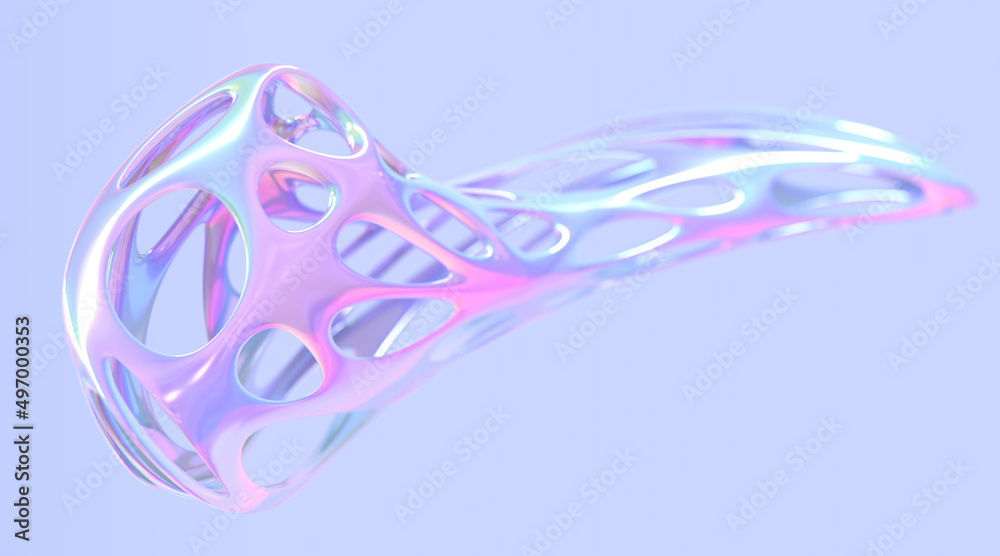 3D holographic abstract shape, chromatic hollow object with holes ...