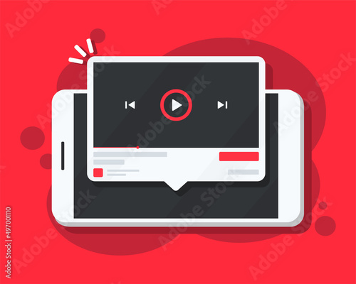 Video media player on smartphone. Mobile phone watching video. Vector illustration
