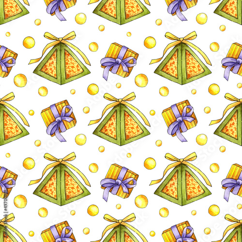 Watercolor illustration of a pattern of yellow cardboard boxes with a print. Gift box with hand painting for a compliment or gift. Isolated on white background. Drawn by hand.