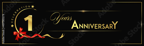 1 Years Anniversary Celebration Gold and Black Color Vector Template Design Illustration. anniversary celebration logotype with elegant modern number gold color for celebration, ribbon, luxury.