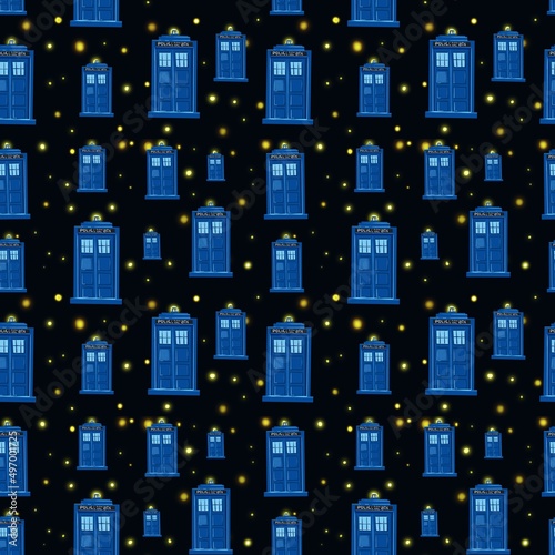 Canvas Print Seamless pattern with police box on black background