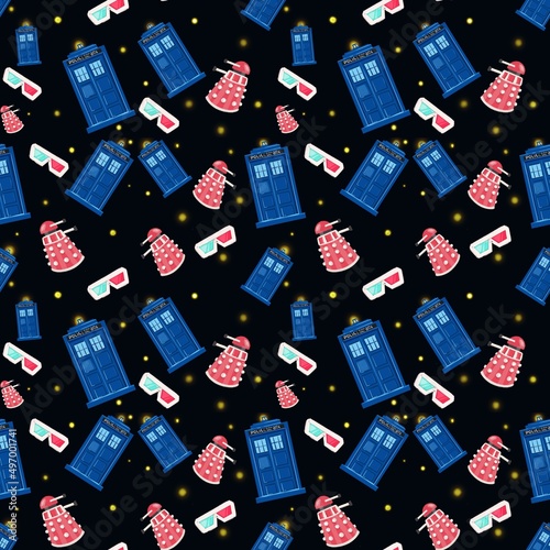Obraz na plátně Seamless pattern with police box on black background