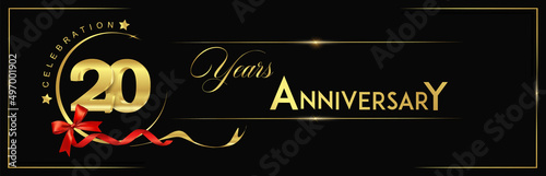 20 Years Anniversary Celebration Gold and Black Color Vector Template Design Illustration. anniversary celebration logotype with elegant modern number gold color for celebration, ribbon, luxury.