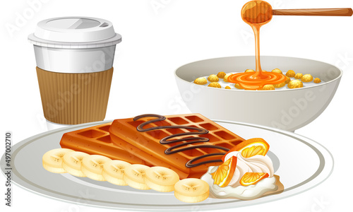 Breakfast meal with waffle cereal bowl and coffee