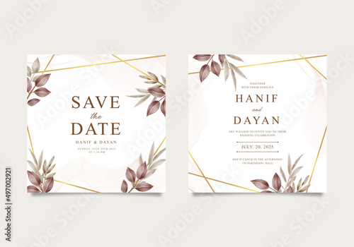 Elegant wedding invitation card with gold geometric and leaves photo