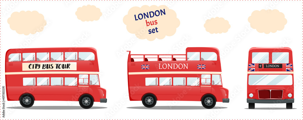 a set of three vector drawings of a London double-decker bus - obrazy, fototapety, plakaty 