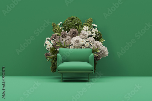 green armchair with colorful flowers on pastel green background. Advertisement idea. Creative composition. 3d render, social media and sale concept
