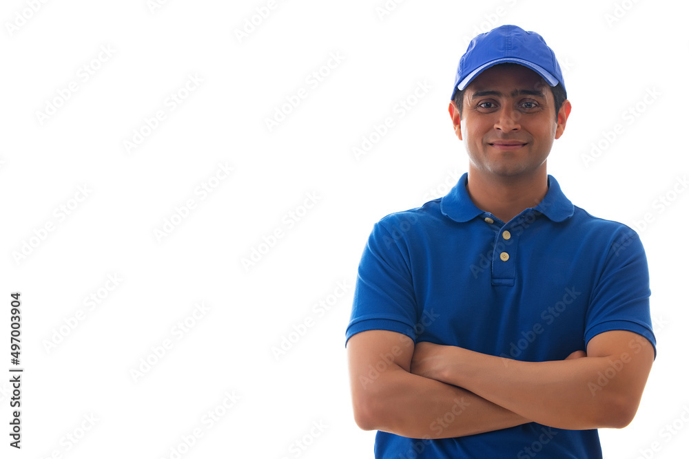 Portrait of a courier delivery boy with arms folded Portrait of a courier delivery boy with arms folded