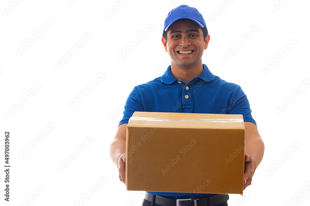 Portrait of courier delivery boy with holding parcel Portrait of courier delivery boy with holding parcel