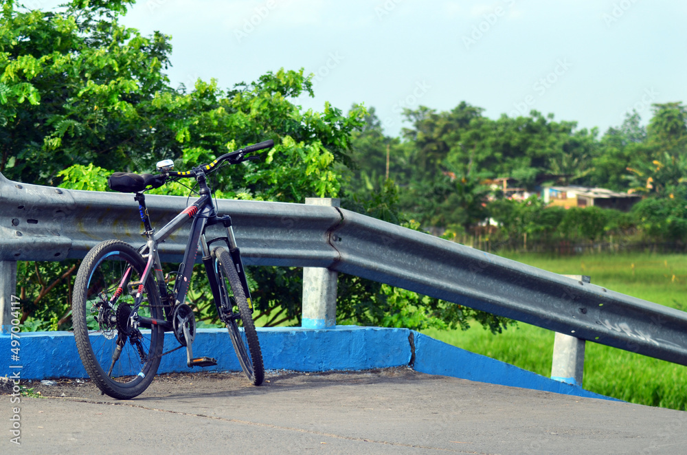 Bicycle Parked on the Roadside Near the Bridge Bicycle Parked on the Roadside Near the Bridge