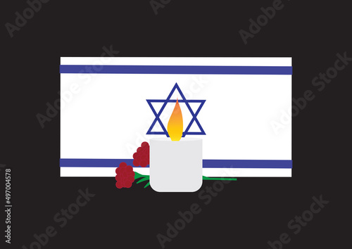 Israel Memorial day design, Blue White Israel flag. memorial candle and dam hamaccabim (blood of the Maccabees) flower on Black background
