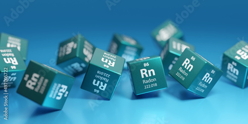 Radon (Rn) - radioactive chemical element, rare gas - used in geology, medicine. Promotional education periodic symbol, sign, element 3D render.